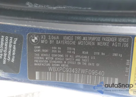 2007 BMW X3 3.0Si из США, поврежденный, VIN WBXPC93437WF09540